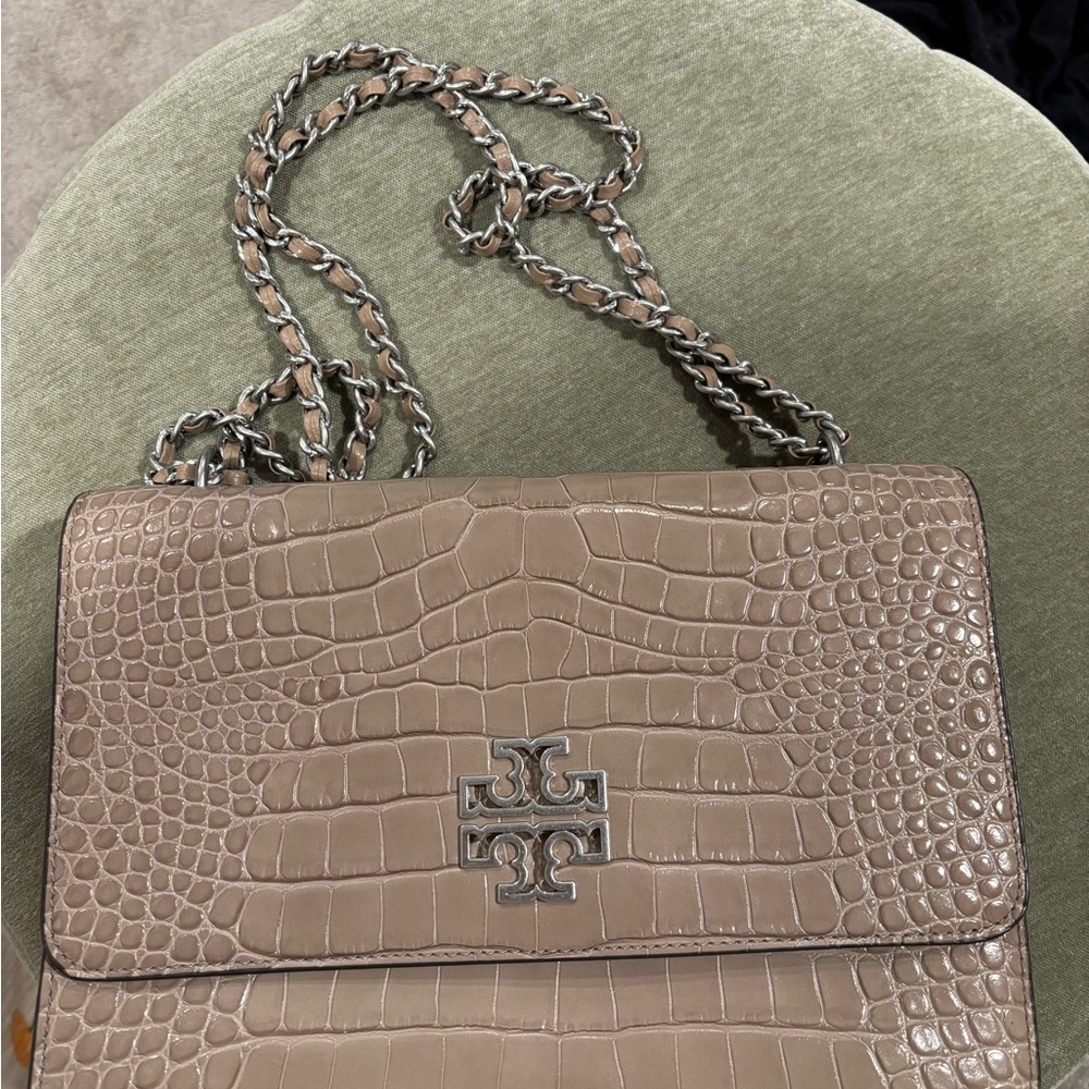 Tory Burch Taupe Croc-Embossed Leather Shoulder Bag with Silver Hardware